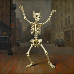 a cat skeleton, dancing in new york, rembrandt painting