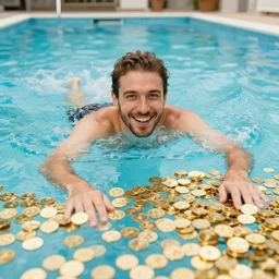 happy man swims in a pool full of gold coins