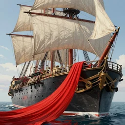 a red line from deck of an old warship with sails, unreal engine, octane render, style of midjourney, highly detailed, elegant, digital illustration, detailed, intricate, sharp focus, digital painting, deep focus, artstation, art by artgerm and greg rutkowski