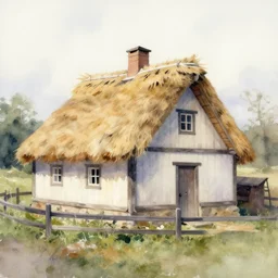 paint brush strokes, abstract watercolor painting of rustic village house, medieval straw roof, scandinavian viking age, ambient lighting, art by hans dahl, by jesper ejsing, art by anders zorn, wonderful masterpiece by greg rutkowski, cinematic light, american romanticism by greg manchess, creation by tyler edlin