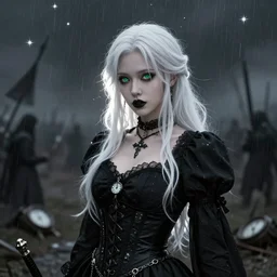 a high detail portrait of a pretty huntress dress black clock has white hair and green eyes in the battlefield, Low contrast, abandoned, shining star, traveller, raining, mist, goth by Wolp