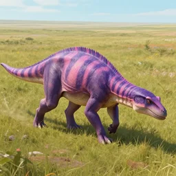 the tornkus is a large mammalian reptile with purple and pink stripes along its back. it walks on three legs and uses its fourth to grab enemies and blast them to the center of the earth. these creatures live in the plains and are primarily scavengers.