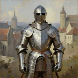 beautiful oil portrait painting of alwyte armor, medieval armor, knight, natural light, medieval town