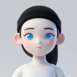 holographic detailed minimalistic 3 d girl with a black head sock and glitching eyes