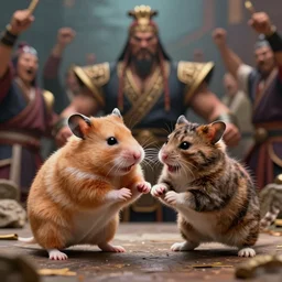 hamster fights a cat in mortal kombat on the background of a cheering shao khan. fantasy magic style. highly detailed 8 k. intricate. lifelike. soft light. sony a 7 r iv 5 5 mm. unreal engine with nanite and path tracing