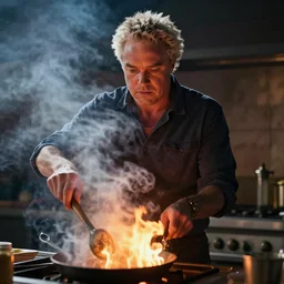 Guy Fieri cooking in Stranger Things, cinematic lighting, cinematic, smoke, flame