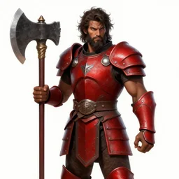 male warrior, blood red armor, giant axe, messy curly hair, unkempt beard, dark brown skin, ready to fight, realistic, smooth, sharp focus, character select portrait, fire background, by artgerm, greg rutkowski, alphonse mucha, 3 d