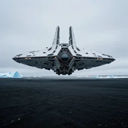 cinematic shot of giant symmetrical futuristic military spacecraft in the middle of an endless black sand beach in iceland with icebergs in the distance,, 2 8 mm