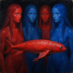 RED EYE, BLUE EYE, RED EYE, BLUE EYE by Zdzislaw Beksinski, Jeffrey Smith and H.R. Giger, oil on canvas, 8k highly professionally detailed, trending on artstation