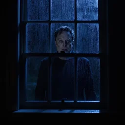 dark photo of dark blue rainy bedroom window at night, dimly lit creepy face of elon musk staring in through the window, horror, scary face,