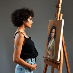 halle berry, stands at her easel, painting a self portrait