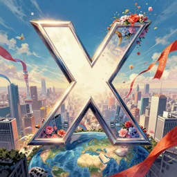 an epic comic book style painting of the uppercase letter x towering over the world, the letter x, giant font, lettering, future tokyo cityscape with ribbons, architectural, the most beautiful flowers launched across the sky, banners and ribbons, masterpiece, octane render, extreme details, trending on artstation, dynamic lighting
