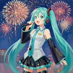hatsune miku singing for the whole world, fireworks at the greatest festival of all time, oil on canvas