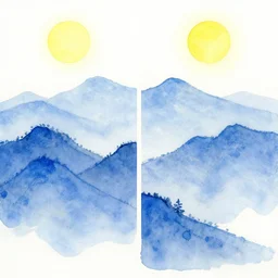a water color painting of two side by side panels of layered blue mountains with a white background and a bright yellow sun. beautiful serene feeling of being in nature in the style of monet