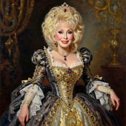 the royal queen dolly parton by greg hildebrant lisa frank fancy rococo baroque regal oil painting high quality award winning clothed in fancy garb