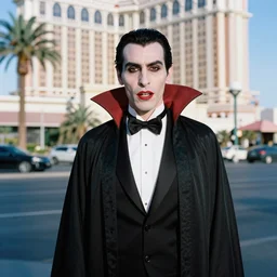 35mm portrait of a vampire in las vegas, in focus, centered, candid