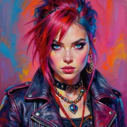 an apocalyptic scifi biker girl character, professional photo, psychedelic vibrant colors, futuristic punk rock fashion, highly detailed oil painting by michael whelan art, perfect face, sharp focus, detailed eyes, realistic, leather jacket, 8 k, dynamic lighting, artstation, unreal engine 5, michael whelan