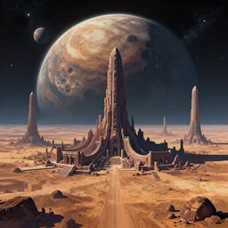 landscape photograph of a large alien structure on a wasteland exoplanet, celestial cosmic lovecraftian horror by bruce brenneise, ancient ruins in background, large exoplanet in the sky, alien planet with craters and large structures, 3 d render, neosurrealism. digital concept art, pixel art, rendered in octane, trending on cgsociety, trending on artstation