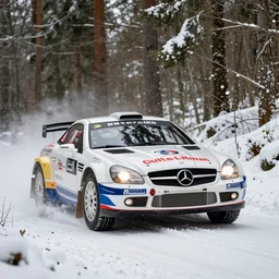 a 2 0 1 0 mercedes - benz slk 5 5 amg, racing through a rally stage in a snowy forest