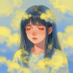 crying girl, covered in yellow and blue clouds, by kim keever
