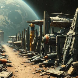 the spaceport or starship junkyard, uneven row of diverse looking craft from a dozen races