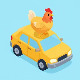 chicken on top of a car, vector graphics, isometric view