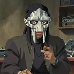 a still of the rapper MF DOOM in a studio ghibli movie, art by hayao miyazaki, hi res, 4k, high detail