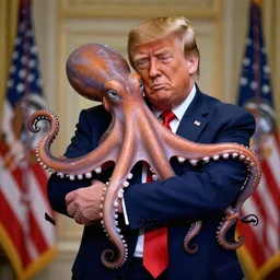 octopus hugging donald trump as he try to speech. 8k, hd, 4k, artstation.