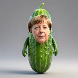 an anthromorphic full body portrait of a cucumber with angela merkel face, hyperdetailed, volumetric lightening