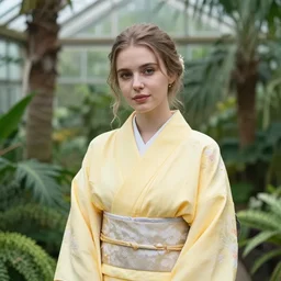 medium photo portrait of a young european woman wearing a yellow kimono in a tropical greenhouse