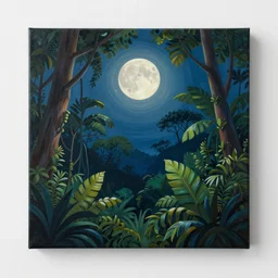 a painting of a night in the jungle with a full moon, beautiful colors, symetrical, matte painting, by christophe vacher