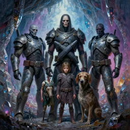 painting of a creepy family wearing body armor, intercrossed humans, mixed animal, in a beautiful crystal caverine, by giger, zdzislaw beksinski, frank frazette, cold hue's, amazing colorful background, digital art, concept art, animal painting, beautiful composition 3 - d 4 k,