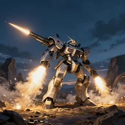 armored core v by liam wong, booster flares, laser rifle, smoke, sparks, karst landscape, outdoor, dark blue sky, clouds, wilderness ground, golden time, twilight ; wide shot, digital painting, cinematic contrast, dynamic backlighting, sharp edge, motion blur, photoreal