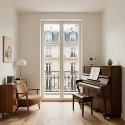 parisian studio apartment with a balcony and roof window, decorated with vintage furniture and old acoustic piano, cosy vibes, realistic, octane render