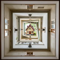 a house inside of a house, perfectly centered, symmetrical, droste effect