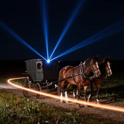 an Amish buggy pulled by horses at night, lasers, LED lights, ground effect, subwoofer, light trails