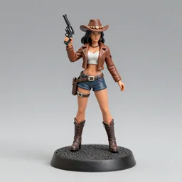 80mm resin detailed miniature of a cow girl, Short brown leather jacket, hot-pants, thigh skin, ten-gallon hat, holds a revolver in her right hand, on textured disc base; Miniature product Introduction Photos, 4K, Full body