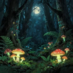dark primitive forest covered with fluorescent mushrooms and ferns, showered by moonlight, natural lighting, playful color scheme, intricate details, matte painting, illustration, by hayao miyazaki