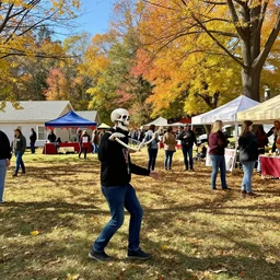Mr. Bones having a fun time at a Fall Festival in a rural neighbor hood near a forest, it is sunny outside, tree leaves are changing colors