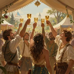 a group of friends, cheers, arms up with golden cups. farm festival intricate, elegant, highly detailed, digital painting, artstation, concept art, sharp focus, illustration, by justin gerard and artgerm, 8 k