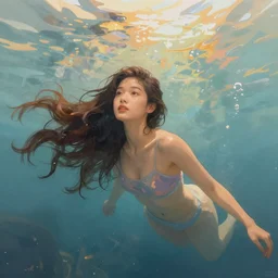 a thin, pretty young Filipino woman with long hair floats in a dreamy world, very beautiful, inspiring, abstract digital art, trending on artstation