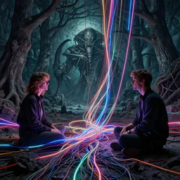 A kitche, neon, RGB, glowing wires everywhere, by Edgar Maxence and Ross Tran, Zdzisław Beksiński, and Michael Whelan, distant, gustav dore, H.R. Giger, 8k, octane render