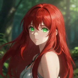 4 k highly detailed, sharp, digital art, of an infp red haired anime girl with green eyes, wonderful nature scene, dramatic lights, dreamy atmospheric