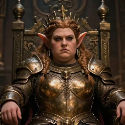 Portrait | chubby female dwarf queen | bronze dwarven breastplate | elaborated braided hair | style by greg rutkowski, wayne reynolds, jeff easley | dramatic light | high detail | cinematic lighting | artstation | Regal and Proud robust woman| bold serious expression | dungeons and dragons | throne room |