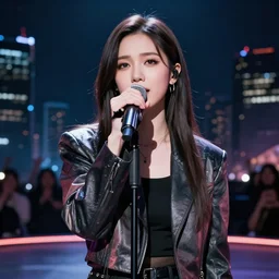 girl singing on stage, wearing fashion jacket, night city background, epic perspective. view from floor | very very anime!!!, fine - face, audrey plaza, realistic shaded perfect face, fine details. anime. very strong realistic shaded lighting poster by ilya kuvshinov katsuhiro otomo ghost, magali villeneuve, artgerm, jeremy lipkin and michael garmash and rob rey