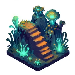 concept 2 d game asset, isometric staircase blocks, organic isometric design, bioluminescent alien - like plants inspired by the james cameron's avatar's alien nature. we can see alien plants glowing in the dark arround the isometric itens has colorful neons cyan, orange mooth median photoshop filter cutout vector behance hd by jesper ejsing, by rhads, makoto shinkai and lois van baarle