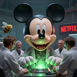 a group of scientists working on a giant mickey mouse bloody head, and meat by beeple, creepy, cgsociety, green lights in the foreground and a netflix sign in the background, 3 d render 8 k, detailed