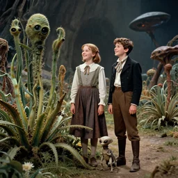 detailed, sharp, a girl and a boy standing next to some strange wild alien plants, looking happy, wearing 1860s era clothes, their small pet tiny alien creature is standing nearby, in a park on a strange alien planet, extremely highly detailed, 70mm still from a classic period sci fi color blockbuster movie, 4k, 35mm macro lens, high quality lighting, sharp focus