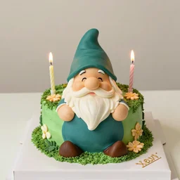 a sheet cake in the shape of a garden gnome, birthday cake, decorated cake, candles