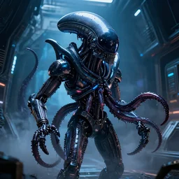 2 8 mm closeup portrait of a wet slimy dripping black metallic chrome mass effect robotic electronic neon cthulhu lovecraft octopus xenomorph alien sentinel drone with glowing eyes in science fiction spaceship fusion engine hallway, dramatic lighting, octane, blue lights, lens flare, industrial, dirty, trending on artstation, golden ratio, h. r. giger, mist, action, volumetric lighting